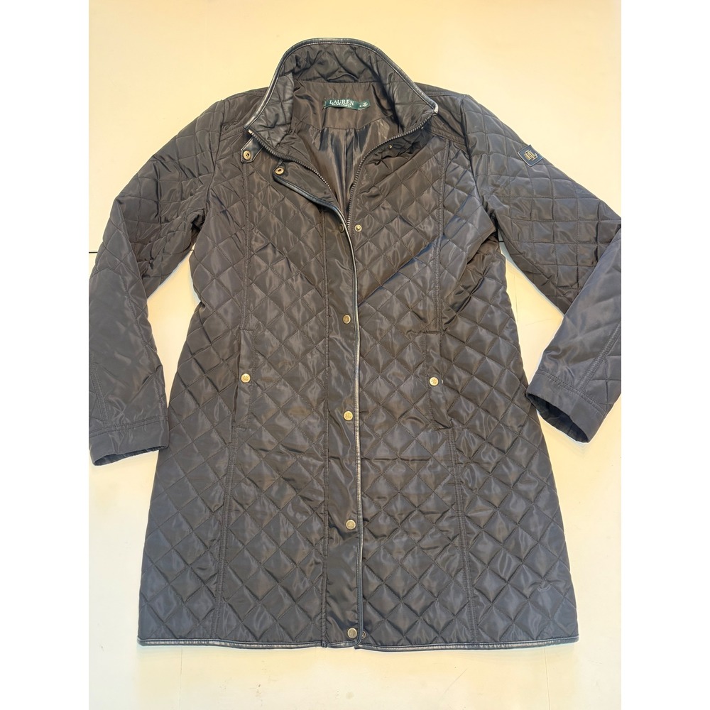 Lauren Ralph Lauren Black Quilted Barn Jacket Longline Coat M 74884-322